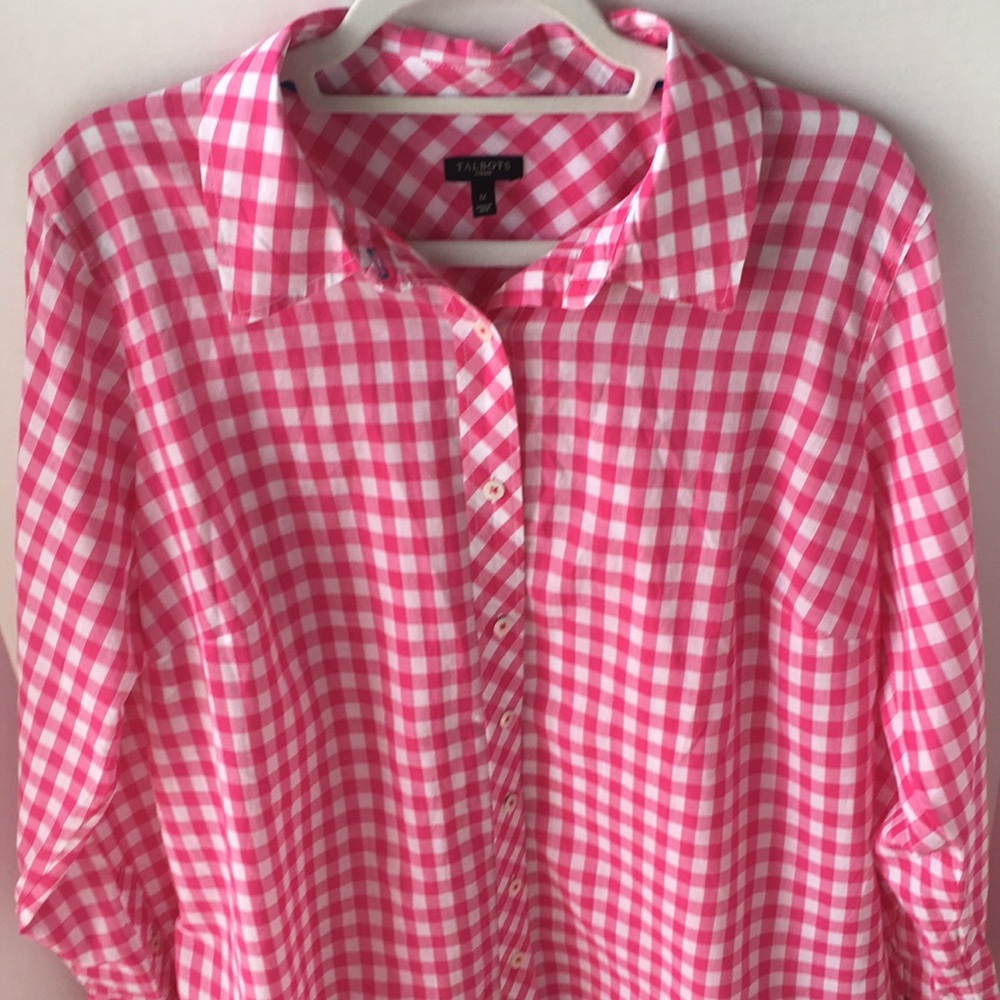 NWOT Talbots Cotton Shirt - Fushia & White Checked